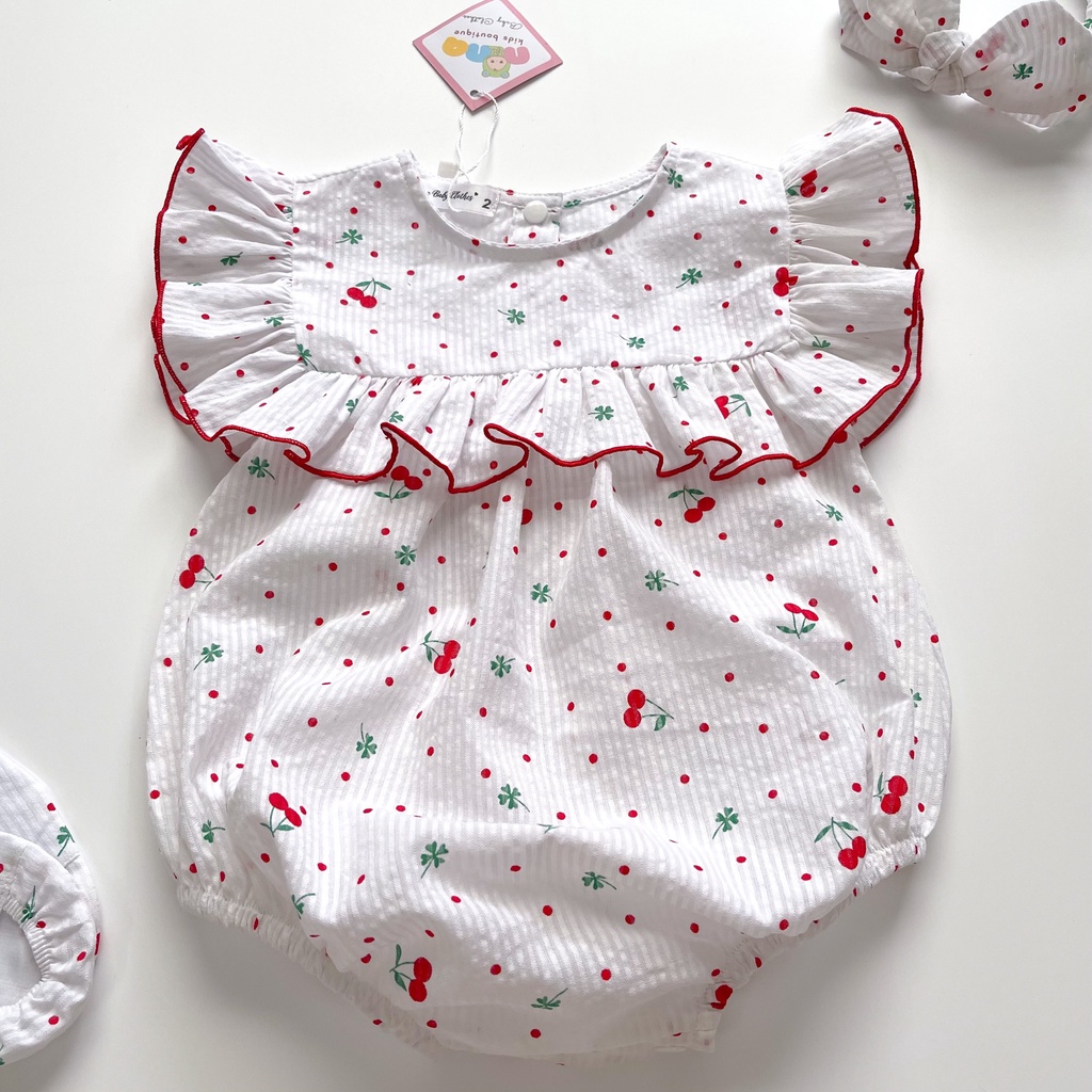 Body cherry cho bé gái Nina Kids Boutique Bộ Jumsuit cho bé gái sơ sinh Đầy tháng Kèm băng đô nơ và giày vải Size 0m 24m