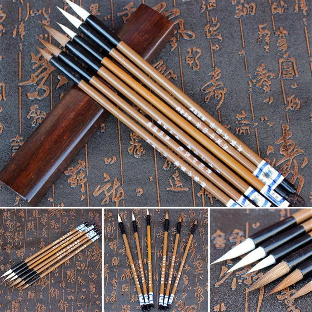 Set 6 cọ viết thư pháp màu trắng và nâu tiện lợi