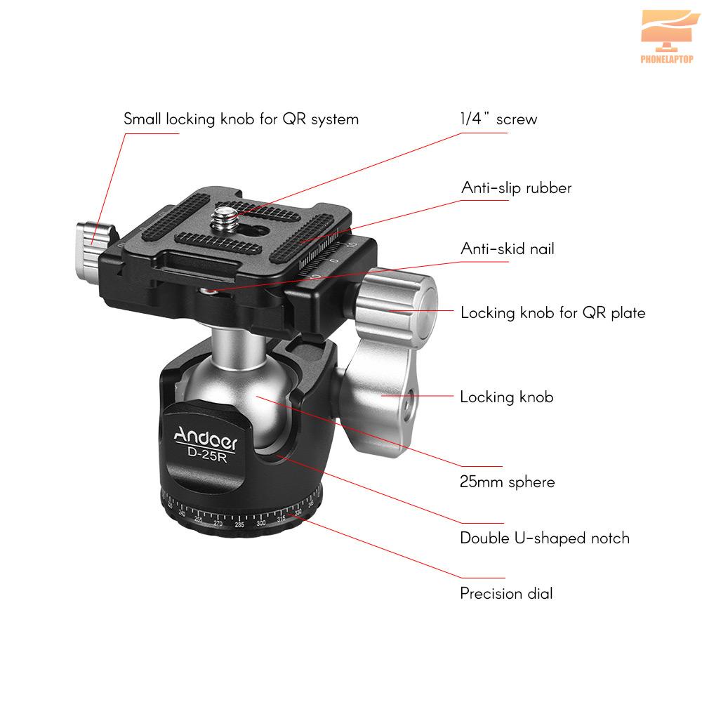 Andoer D-25R  CNC Machining Aluminum Alloy Double Notch Ball Head Mini Ballhead Low Center of Gravity for Manfrotto etc Tripod Monopod for Canon Nikon Sony DSLR ILDC Cameras Max Load Capacity 10kg