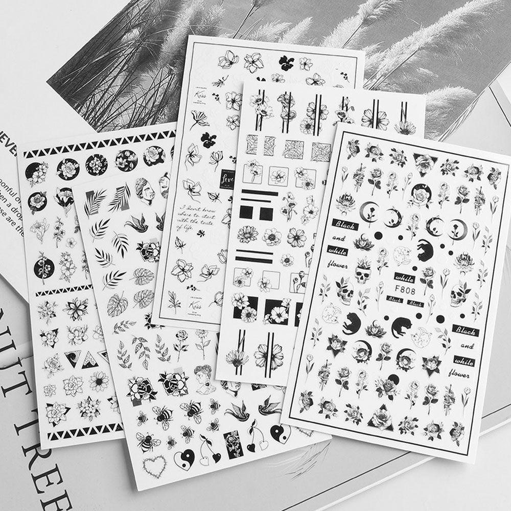 Miếng Dán Trang Trí Móng Tay 3D Hình Hoa Lá Màu Trắng Đen DIY