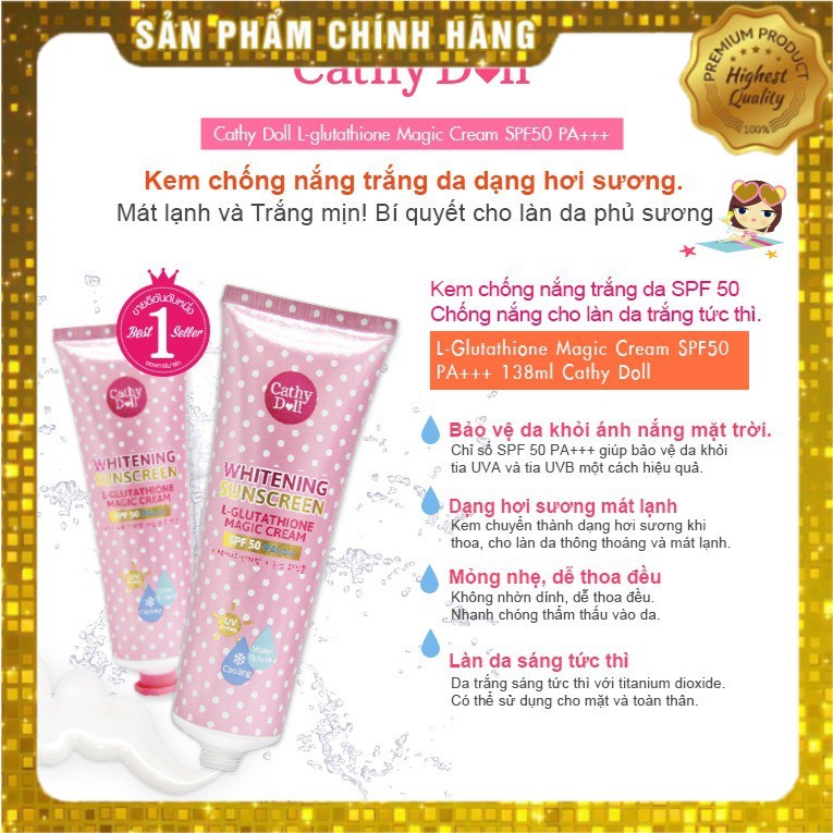 Kem chống nắng dưỡng trắng da Cathy Doll L- Glutathione Magic Cream SPF50 PA+++ 60ml | BigBuy360 - bigbuy360.vn
