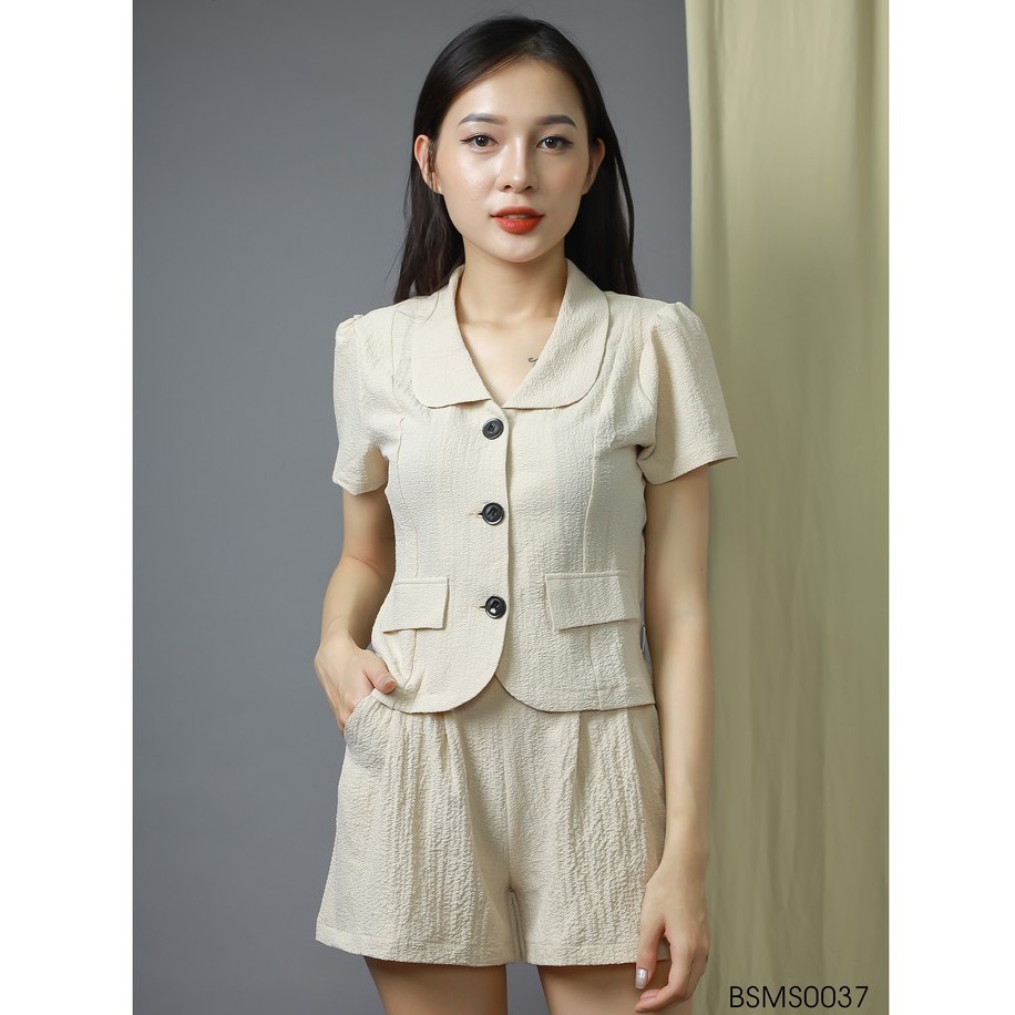 Set bộ nữ công sở trẻ Emspo, áo ngắn cổ vest, cài cúc, quần short dáng đẹp có túi 2 bên BSMS0037 - BQS0037