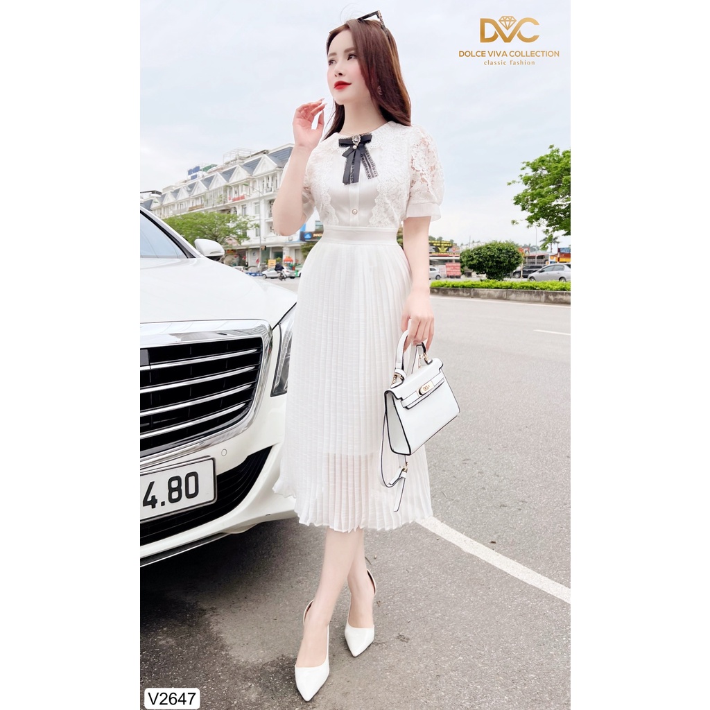 VÁY TRẮNG XÒE CỔ REN CHÂN DẬP LY V2647 - DOLCE VIVA COLLECTION
