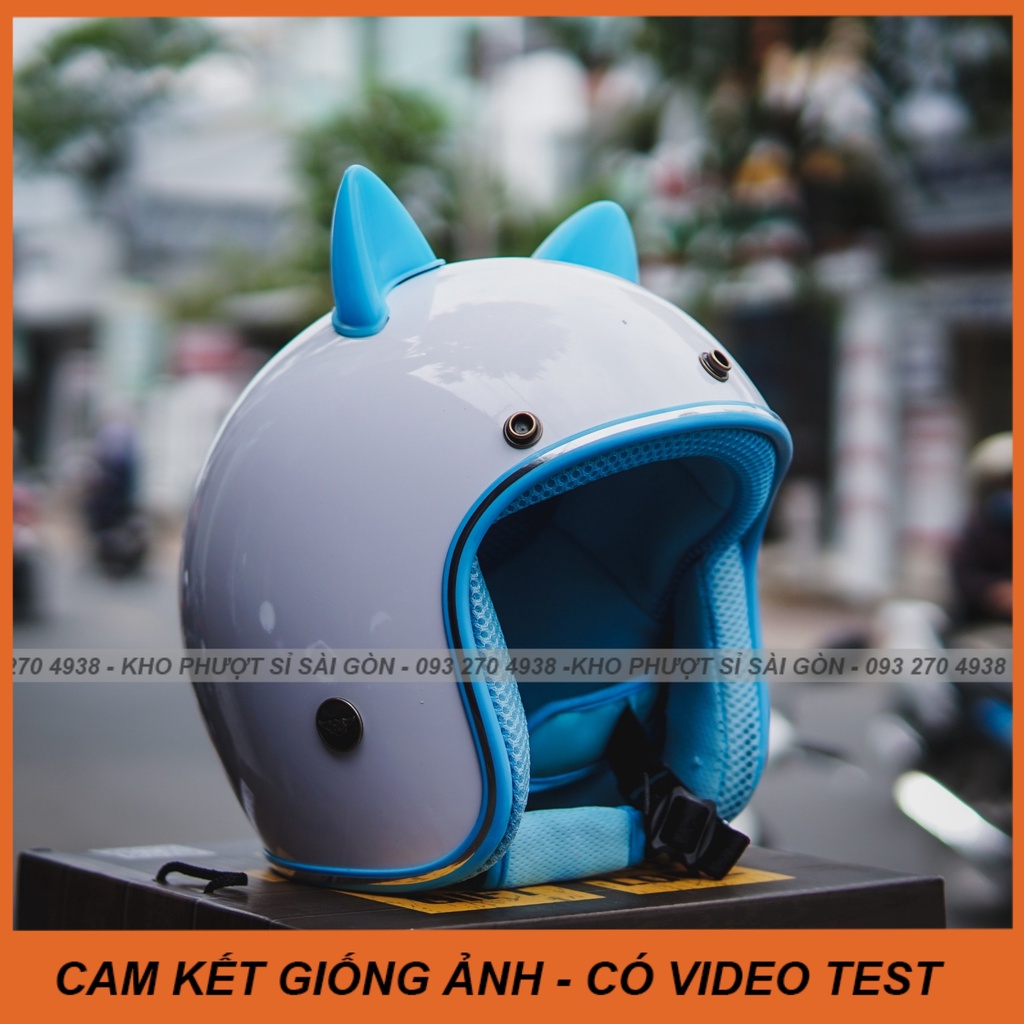 Nón mũ bảo hiểm 3/4 trắng lót xanh dương gắn tai mèo nhựa xanh dương đi phượt - mũ 3/4 tai mèo