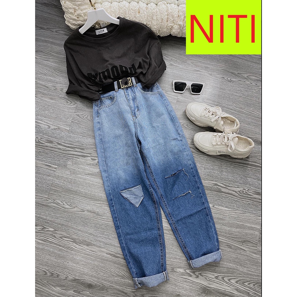 [ ONG CHĂM CHỈ ] QUẦN BAGGY JEAN NỮ LƯNG CAO LOANG MÀU XANH ĐẬM RÁCH 1 VẠT PHẢI 2 SỌC TRÁI CAO CẤP NITI BÁ ĐẠO