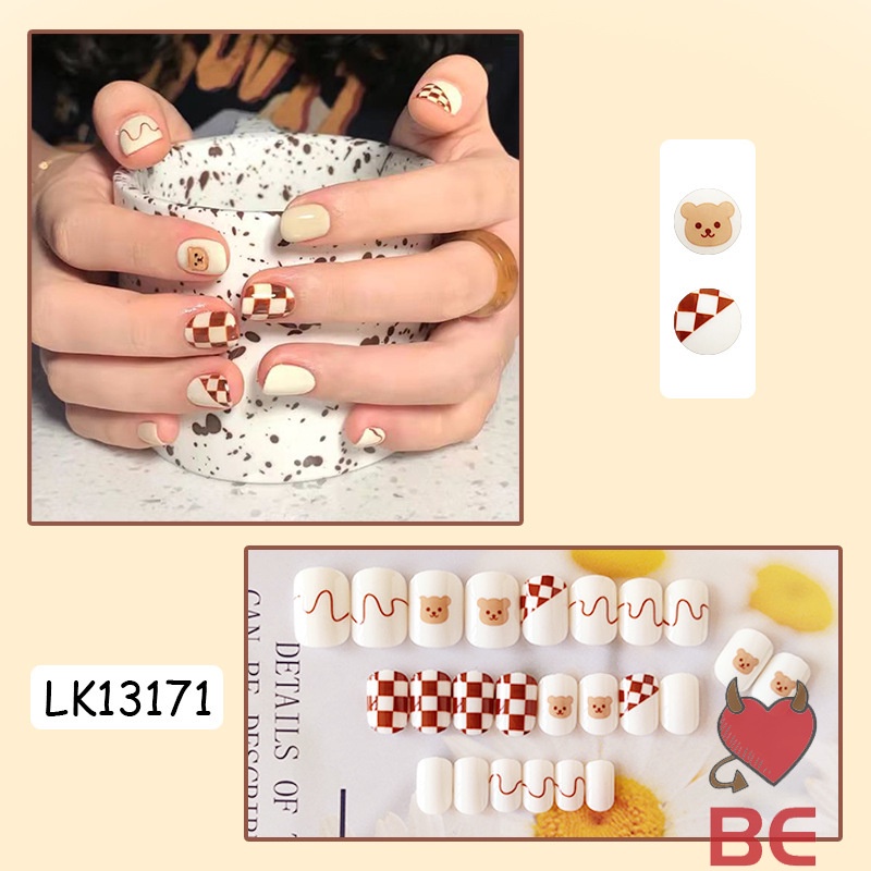 YADORNOS Set 24 móng tay giả hình gấu caro đáng yêu thời trang cho nữ