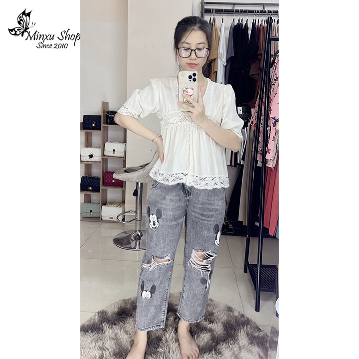 Quần jean micky rách dáng baggy, quần jean boy ống rộng cá tính Minxu shop Q3626
