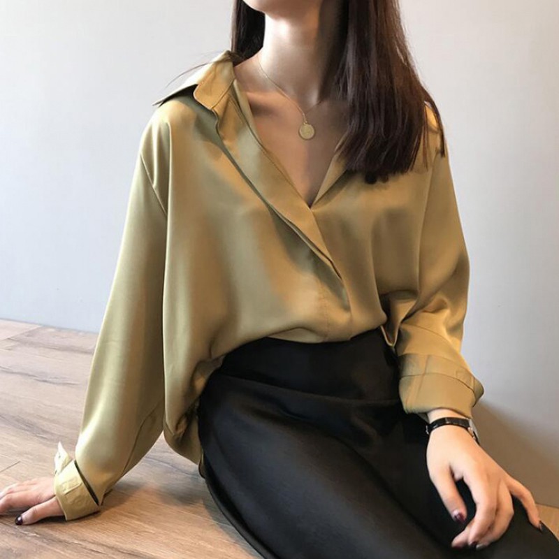 Áo sơ mi cổ chữ V tay dài màu trơn dành cho phái đẹp