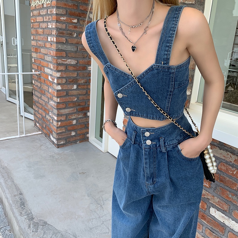 Bộ Áo Sát Nách + Quần Denim Dài Thời Trang Mùa Hè Cá Tính