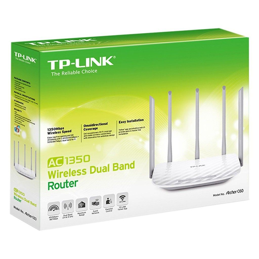 Bộ Phát Wifi TPLink Archer C60 AC1350 - Router Wifi Băng Tần Kép 5 Ăngten - Hàng Chính Hãng bảo hành 24 tháng