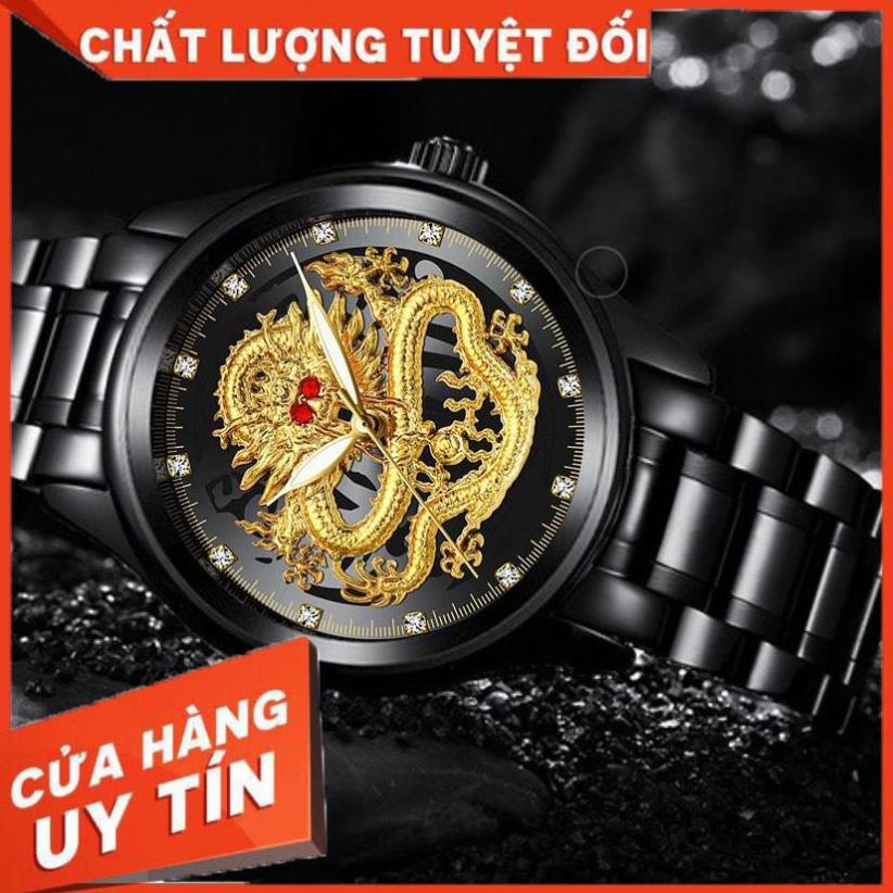 [HOT] Đồng Hồ Nam FNGEEN Mặt Rồng Vàng - Đồng Hồ Nam Dây Thép Đen Không Gỉ .
