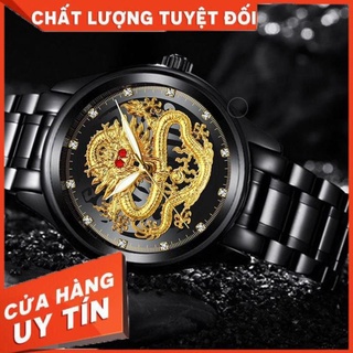 Đồng hồ nam fngeen mặt rồng vàng - đồng hồ nam dây thép đen không gỉ .
