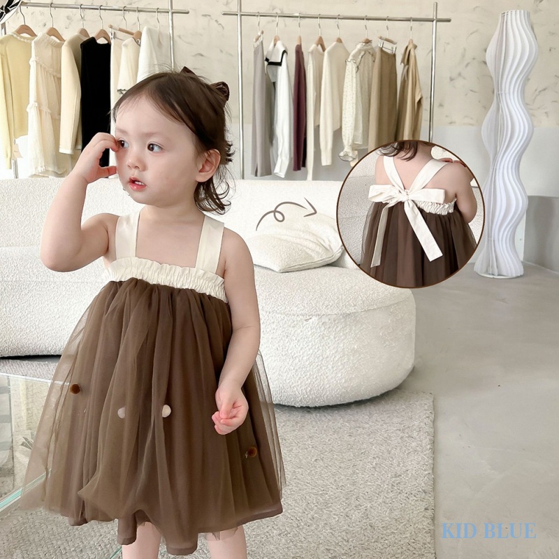 Đầm Công Chúa Hai Dây Phối Lưới Thắt Nơ Phong Cách Hàn Quốc Thời Trang Mùa Hè Cho Bé Gái
