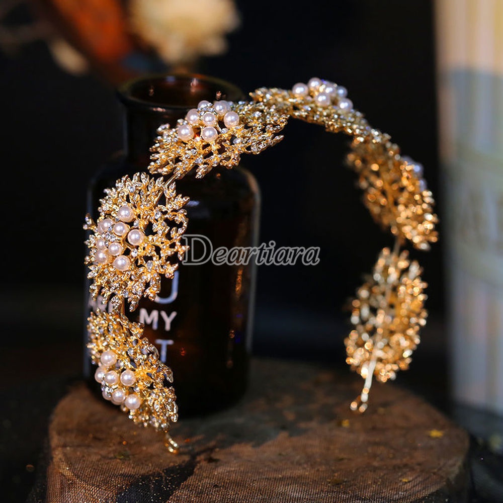Băng Đô Cài Tóc Hình Hoa Vàng Đính Ngọc Trai Thời Trang Cho Cô Dâu