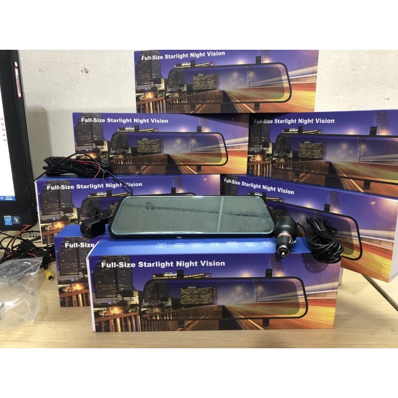 Camera gương màn 10in - dây cam sau 10M full màn quay trước + sau đồng thời ghi hình cảnh báo va chạm