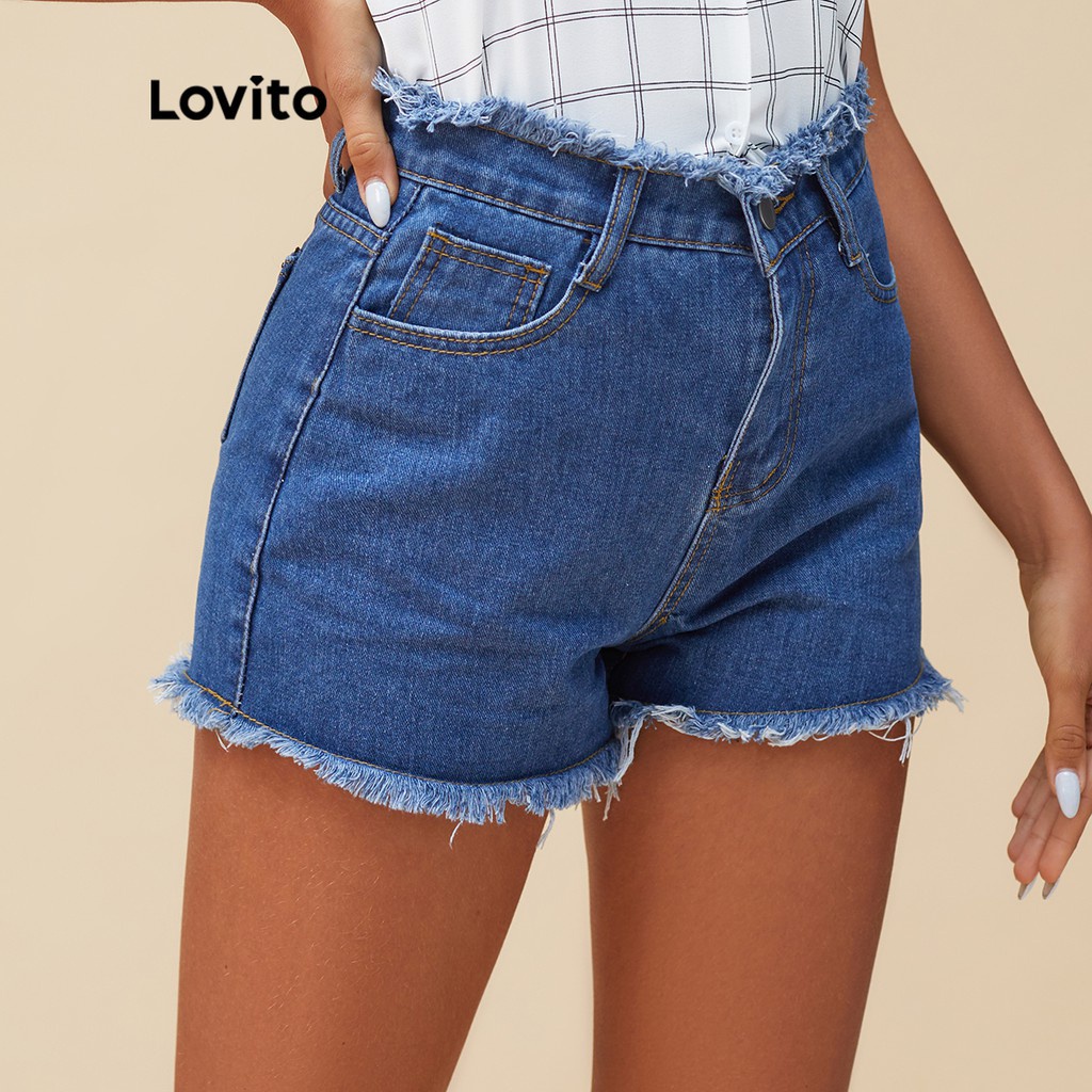 Quần short jean Lovito thiết kế đơn giản phối tua rua L14X067 (màu xanh dương đậm / trắng) | BigBuy360 - bigbuy360.vn