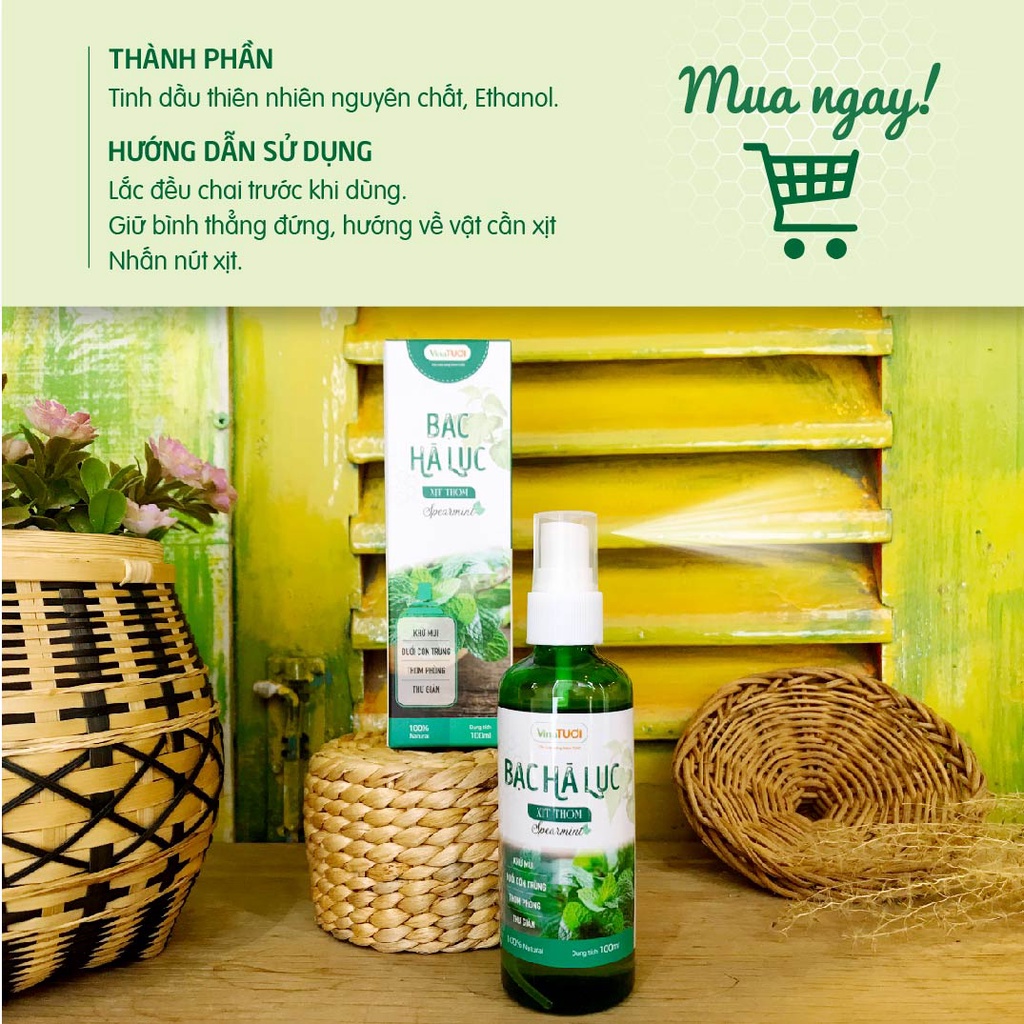 Chai Xịt Thơm Phòng Tinh Dầu Quế, Sả Chanh, Hoa Lài, Bạc Hà Lục 100ml VINA TƯƠI Bình Xịt Khử Mùi