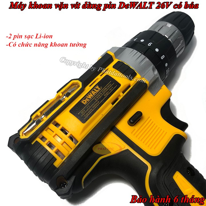 Máy khoan pin có búa DeWALT 26V đủ đồ-Máy khoan vặn vít dùng pin DW 26V 2 pin sạc li-ion-Bảo hành 6 tháng