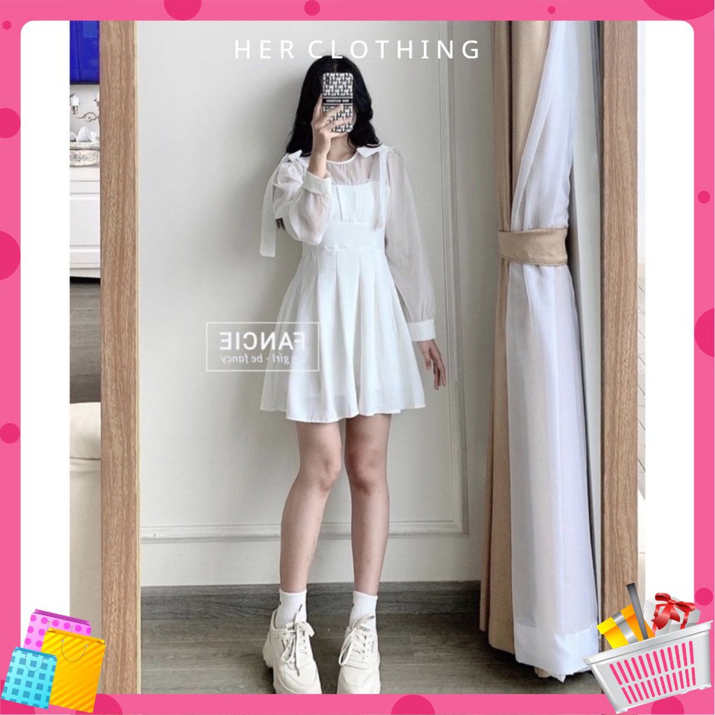 Đầm nữ trắng dễ thương xếp li phối nơ