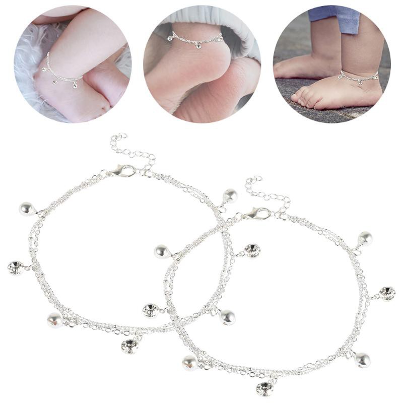 Vòng chân em bé Bộ 2 Lắc Chân Bằng Bạc Xinh Xắn Cho Bé Vòng chân có thể điều chỉnh với chuông nhỏ