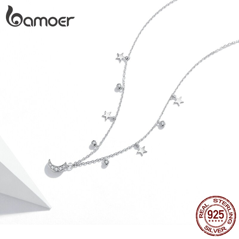 Dây Chuyền Nữ Bamoer SCN420 Mặt Hình Trăng Và Sao Trắng Bằng Bạc 925 Thật