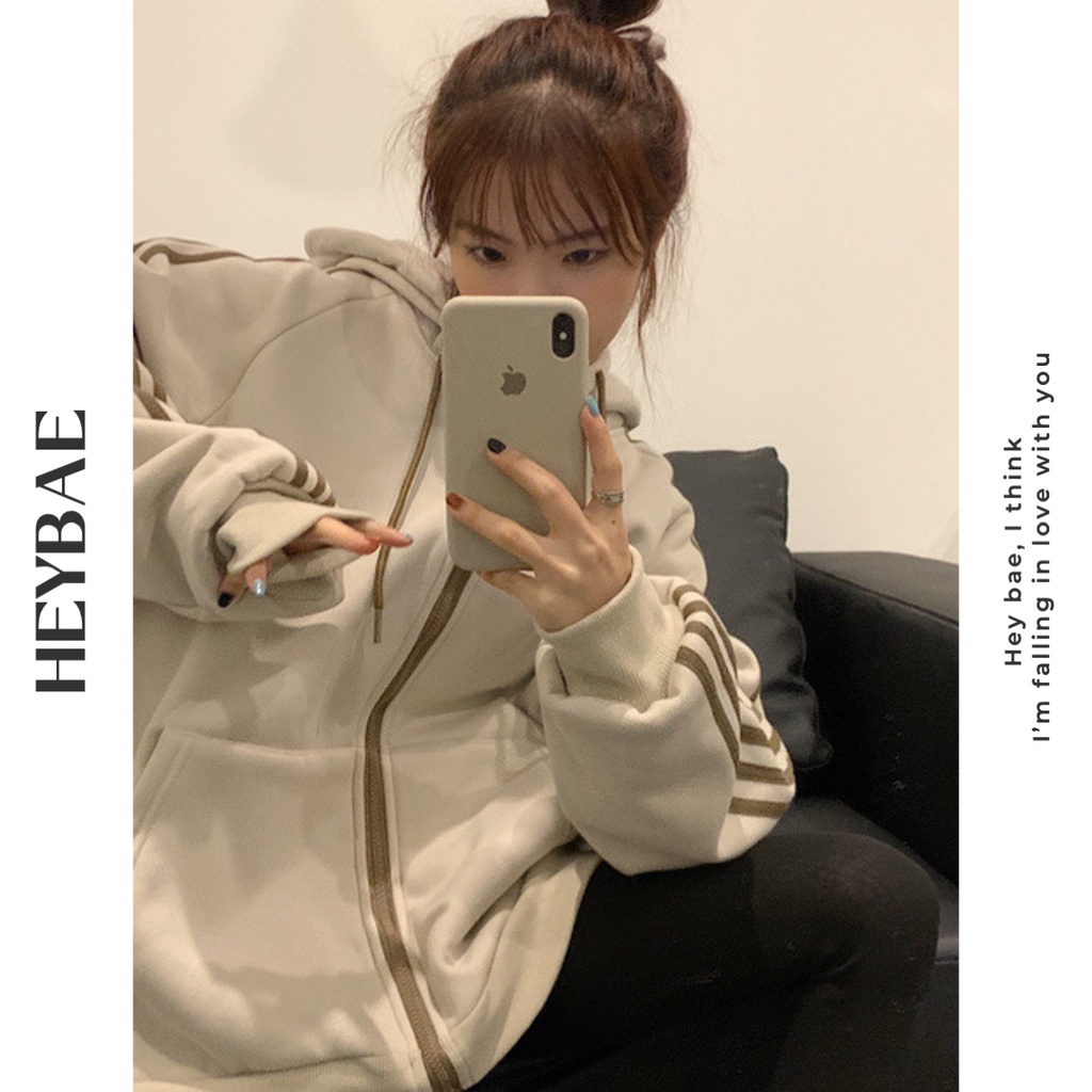 Áo hoodie nỉ vintage Marshmallow HEYBAE nỉ mỏng cotton phối sọc đáng yêu áo khoác ngoài có mũ dài tay AK048 | BigBuy360 - bigbuy360.vn