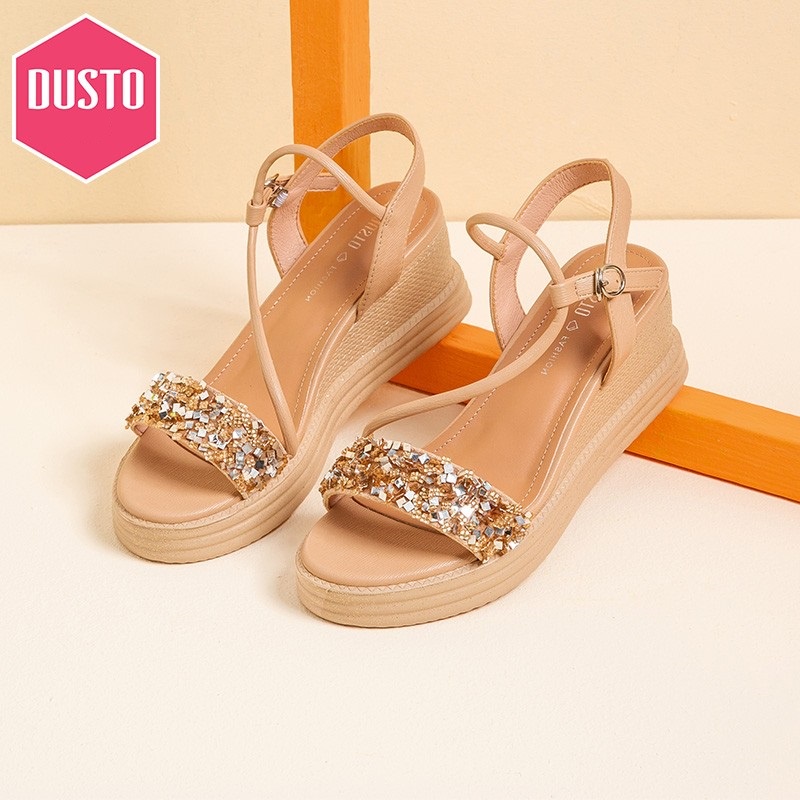 Sandal quai ngang Dusto đính ánh kim, đế xuồng cao 6.5cm