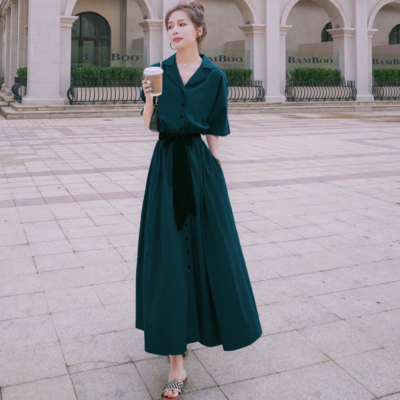 Bộ đồ mới vào mùa hè 2024  Đầm Chiffon Dáng Dài Lưng Cao Màu Xanh Lá Đậm Phong Cách Pháp Cổ Điển Thời Trang Cho Nữ v   váy hàn quốc là gầy váy dài