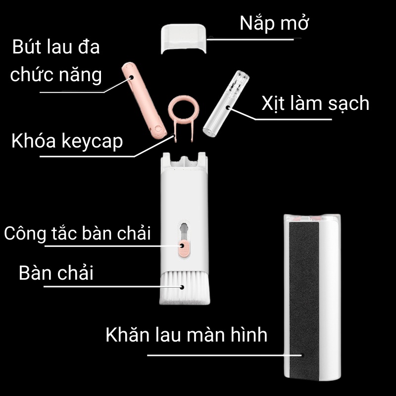 Bộ dụng cụ vệ sinh bàn phím, màn hình Laptop, điện thoại tai nghe đa năng 7 trong 1 đa năng nhỏ gọn tiện lợi