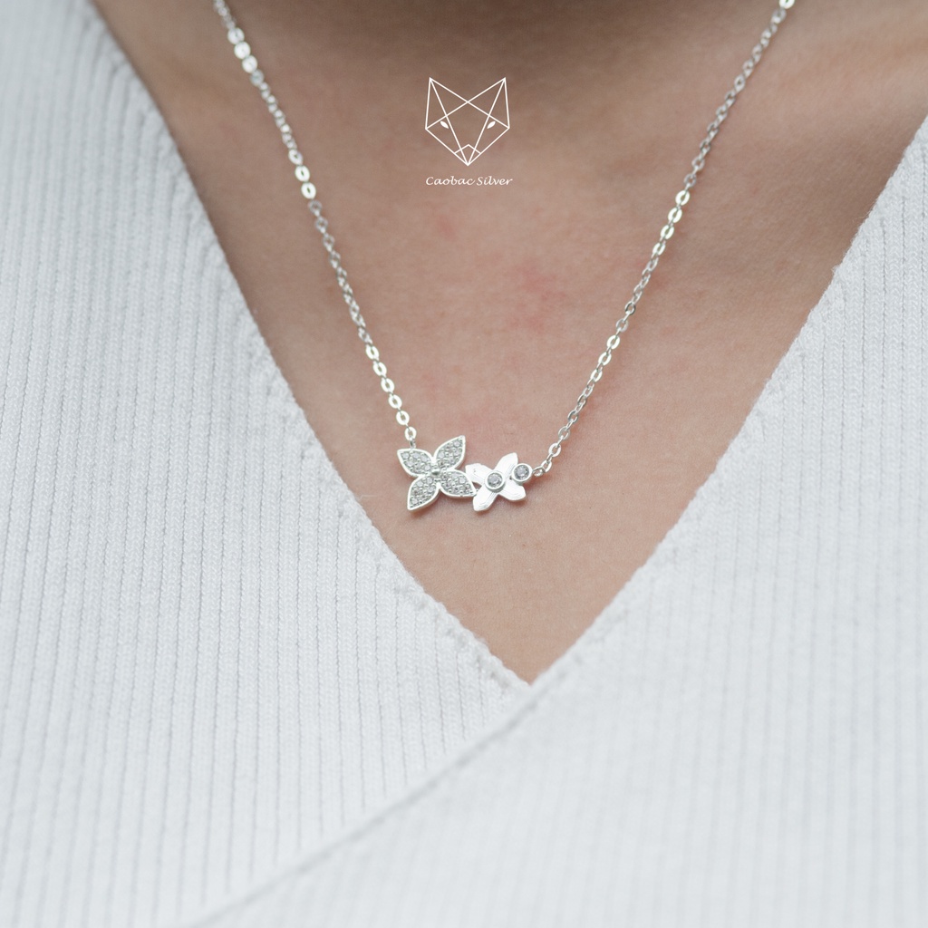 Dây Chuyền Bạc Ta Cao Cấp CaoBac Silver Hai Hoa Bốn Cánh , Hoa Đá Hoa Trơn Thanh Lịch Nhẹ Nhàng, Thanh Lịch Cho Bạn Gái
