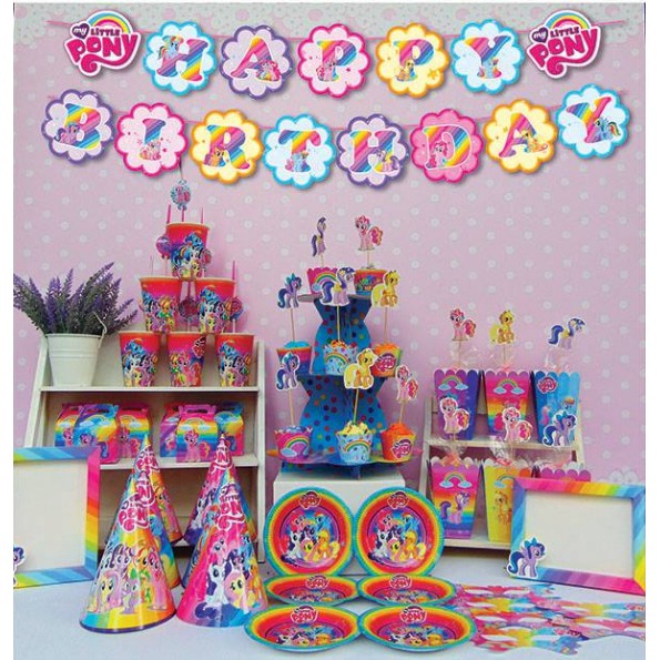 Set Giấy Ngựa Pony Trang Trí Bàn Tiệc, Set Gồm Các Phụ Kiện Như Ly, Khung Hình, Dĩa, Nón Chủ Đề My Little Pony