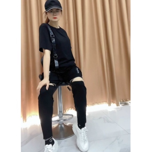 Áo cộc nữ phủ quần chất cotton đính dây GAHIKHA