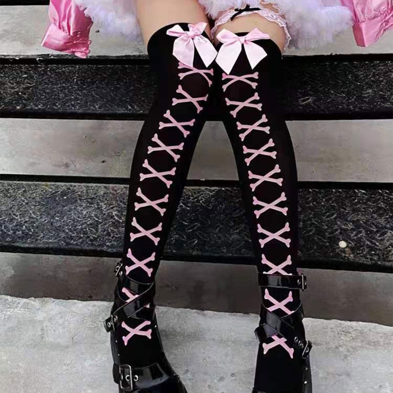 Tất Dài Qua Gối Đính Nơ Họa Tiết Mạng Nhện Máu Dơi Phong Cách Gothic Punk Hóa Trang Halloween Cho Nữ