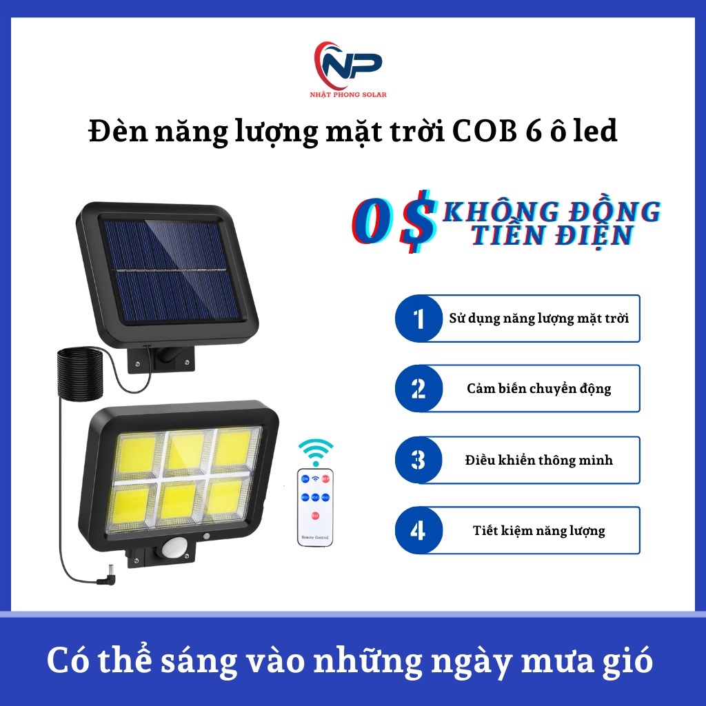 Đèn Led Năng Lượng Mặt Trời COB 6 Ô LED SHOPNHATPHONG Pin Tách Rời, Dây Dài 5M - Cảm Biến Chuyển Động - 3 CHẾ ĐỘ SÁNG