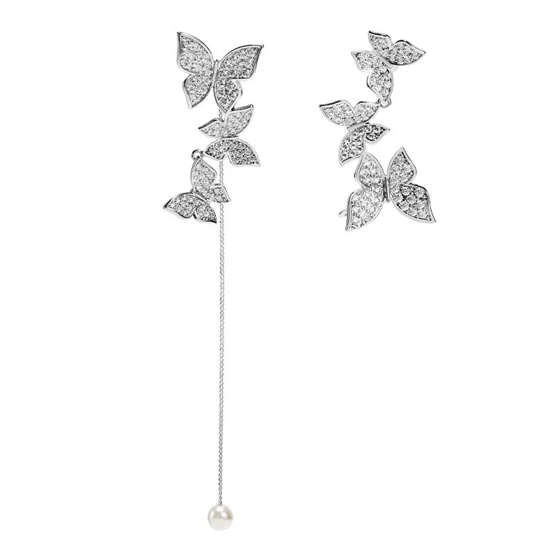 Bông Tai Dáng Dài Hình Bướm Đính Đá Và Ngọc Trai Nhân Tạo 925