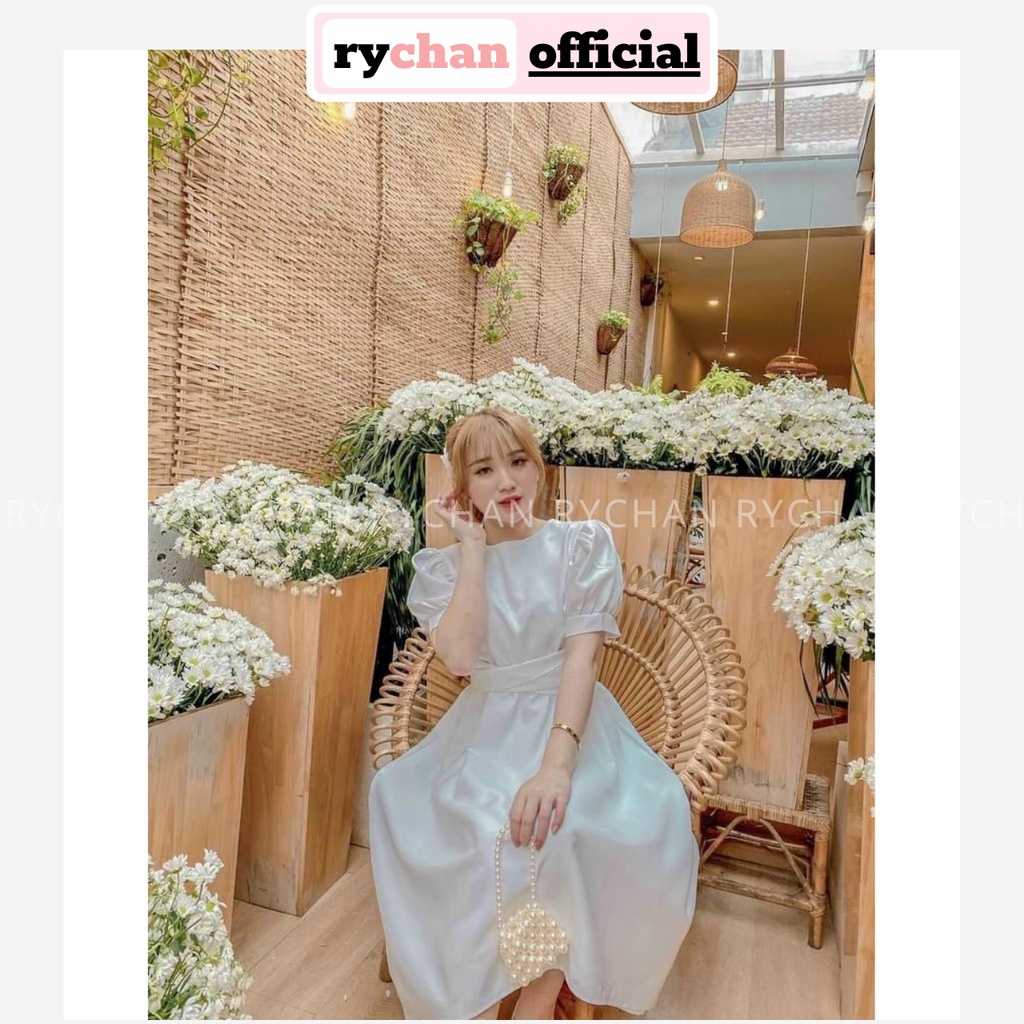 Đầm Xòe Midi Trắng Tay Phồng Nơ Lưng Lệch Tà Lót Trong Dày Dặn [Ảnh Thật Cuối] - DX0077