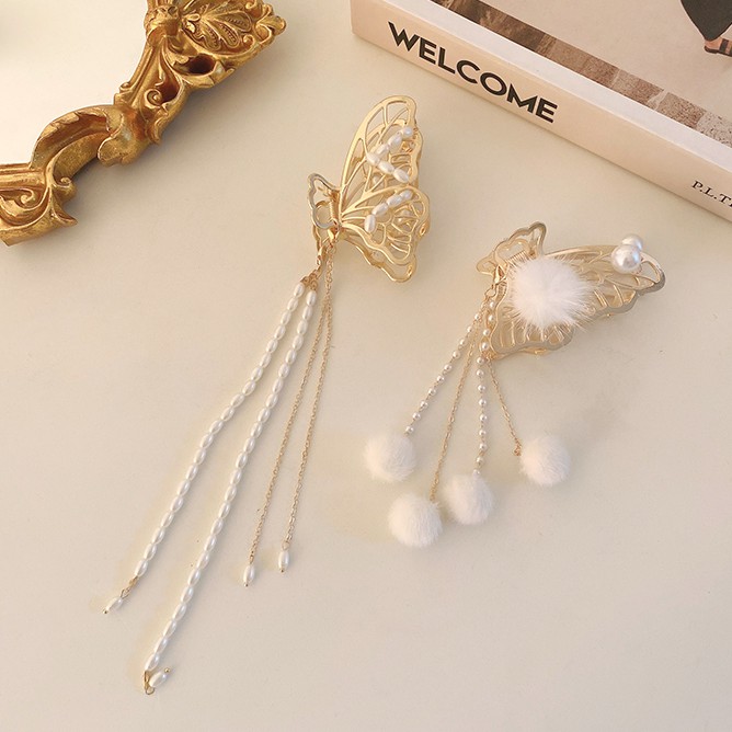 Kẹp tóc hình bướm đính đá và ngọc trai phong cách Hàn Quốc