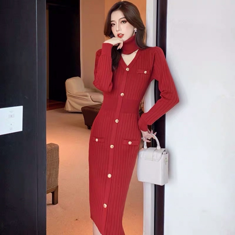 váy len dệt kim dài cổ V cao cấp 2021