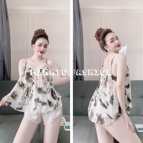 Đồ Ngủ Sexy, Đồ Bộ Mặc Nhà Nữ Áo 2 Dây Voan Hoa Phối Quần Đùi Satin Màu Hàng Đẹp Phong Cách Gợi Cảm, Quyến Rủ Cho Bạn Nữ | BigBuy360 - bigbuy360.vn