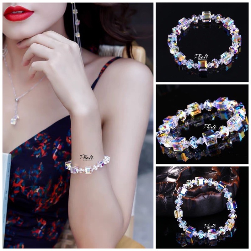 Vòng Tay Pha Lê Vuông-Tròn Dẹp S08mm Được Thiết Kế Từ Pha Lê Swarovski