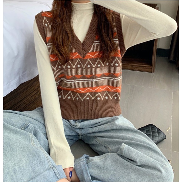 Áo len gile nữ hàn quốc from rộng họa tiết thổ cẩm phong cách Ulzzang xinh xắn Quảng châu LOẠI 1 siêu đẹp AL08 | BigBuy360 - bigbuy360.vn