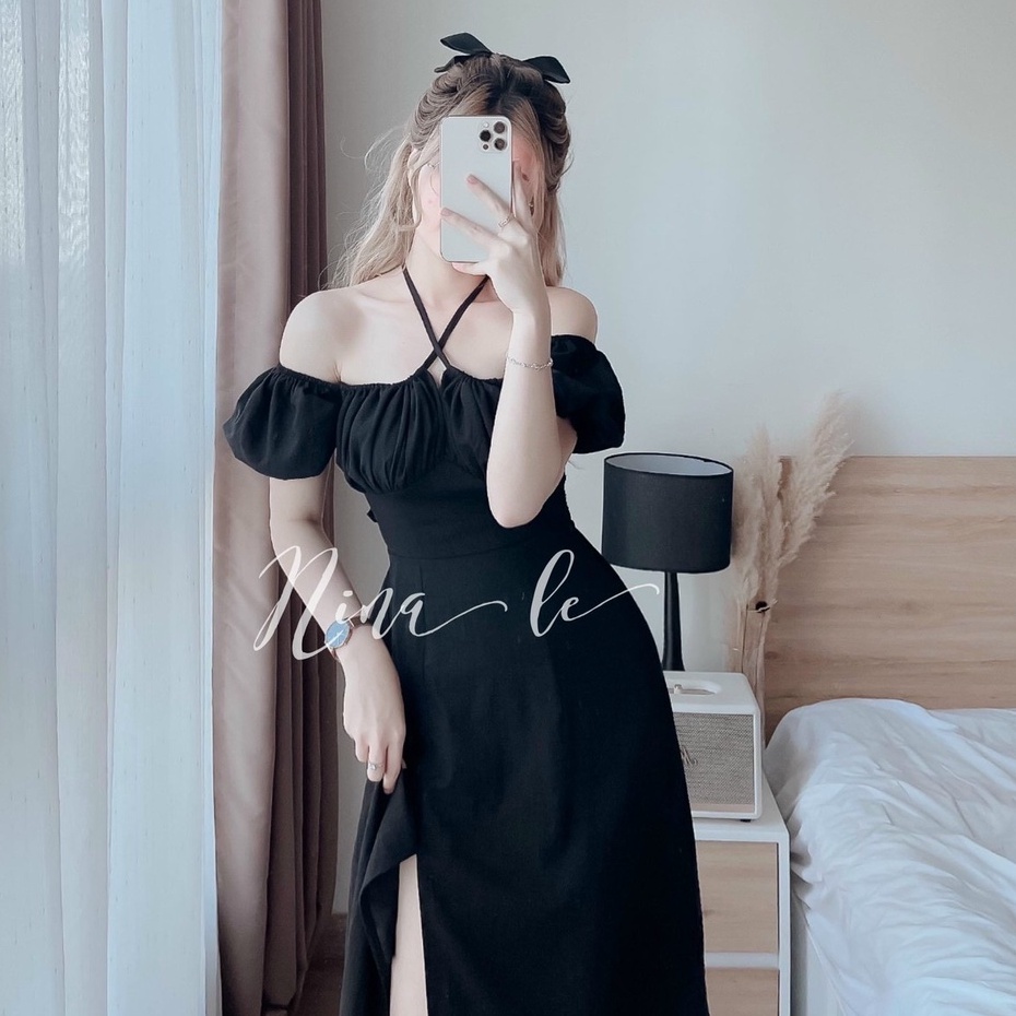 Đầm Đen Dự Tiệc,váy Midi Dáng Xòe Xẻ Tà Thiết Kế Tay Phồng Trễ Vai Ôm Body Sang Chảnh Thời Trang Xm Minh Phúc