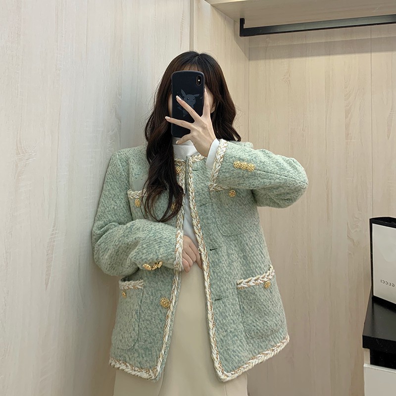 (HÀNG SẴN) Áo khoác dạ nữ Tweed cổ tròn viền cói vạt vuông style tiểu thư sang trọng Hàn Quốc