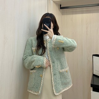 (ORDER) Áo khoác dạ nữ Tweed cổ tròn viền cói vạt vuông khuy sáng lấp lánh sang trọng Hàn Quốc tiểu thư