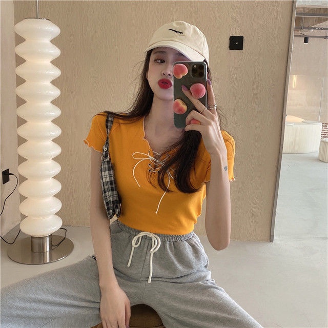 Áo Thun Lụa Dệt Kim Tay Ngắn Phối Dây Rút Thời Trang Quyến Rũ Cho Nữ