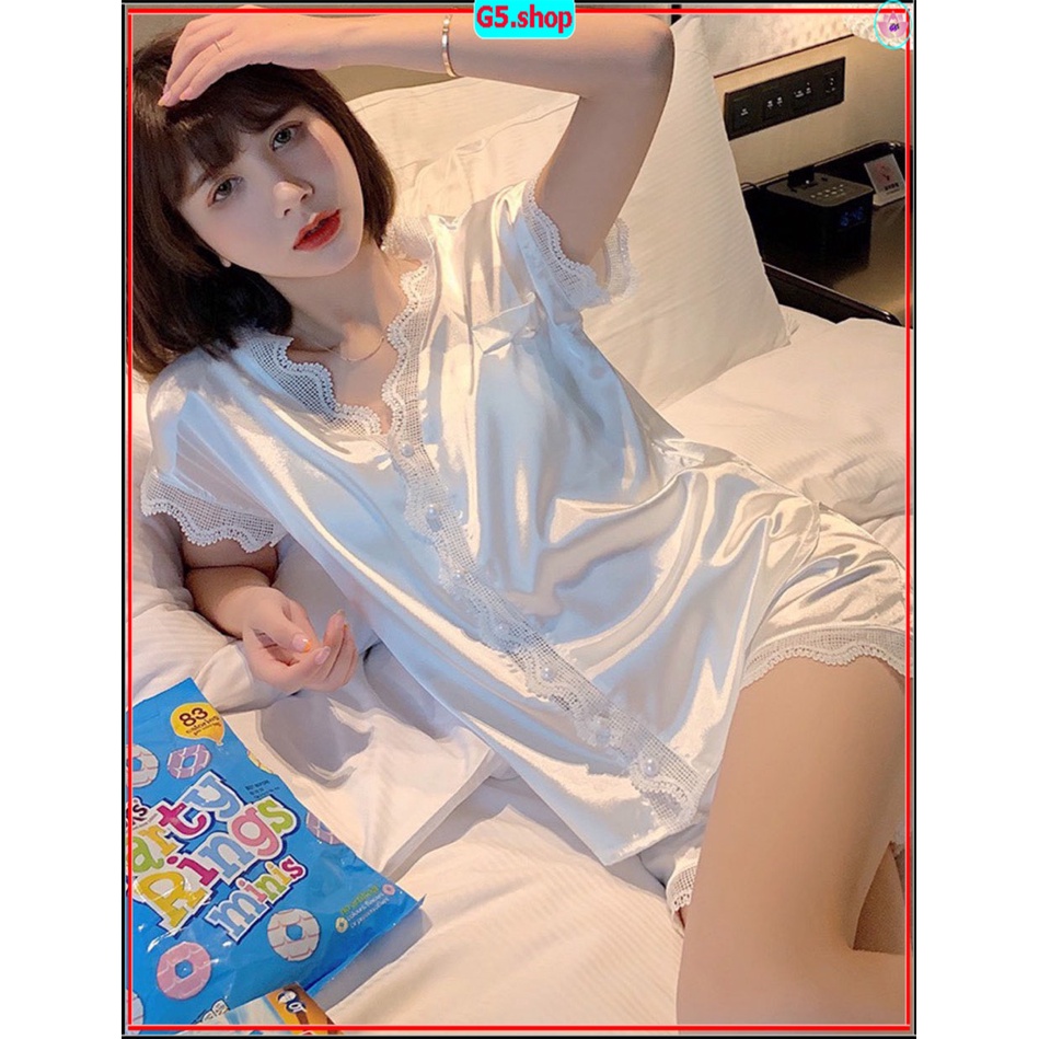 Bộ Pijama Lụa Cao Cấp Cánh Dơi Áo Cộc tay cúc cườm trơn phối ren Quần Đùi đồ ngủ nữ mặc nhà mùa hè mềm mại G5