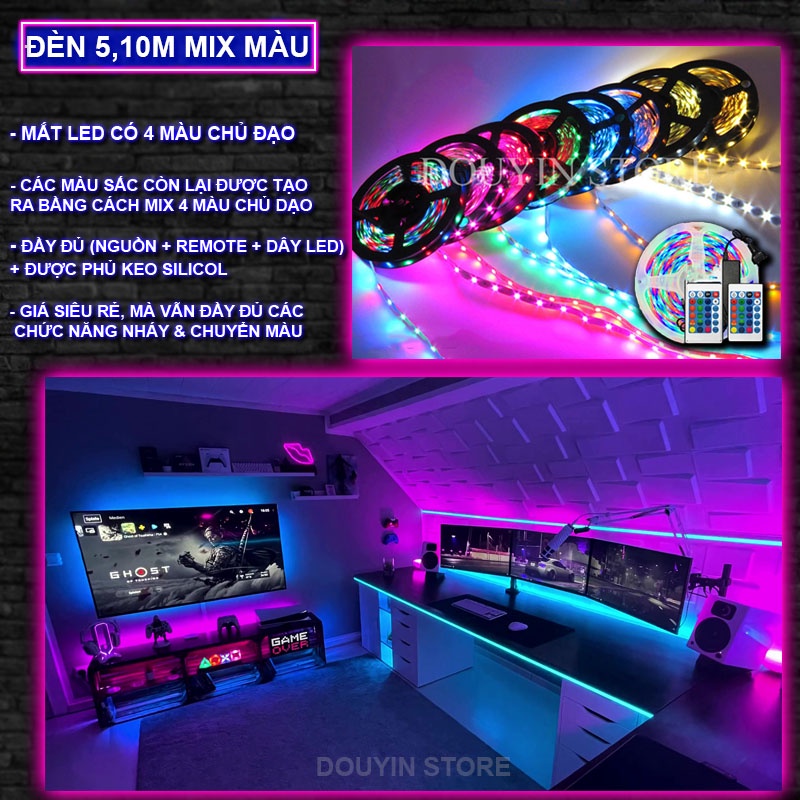 Dây Đèn led RGB 16 triệu màu 5m, 10m, nháy theo nhạc, app điện thoại decor phòng ngủ, gương, quay tiktok