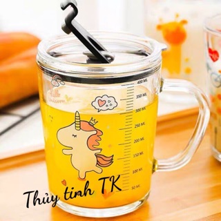 Ly Thuỷ Tinh Chia vạch 350 ml Hoạ Tiết Hoạt Hình Có Nắp Đậy Chân Không Cốc Thủy Tinh Uống Trà Sữa Có Ống hút cho bé