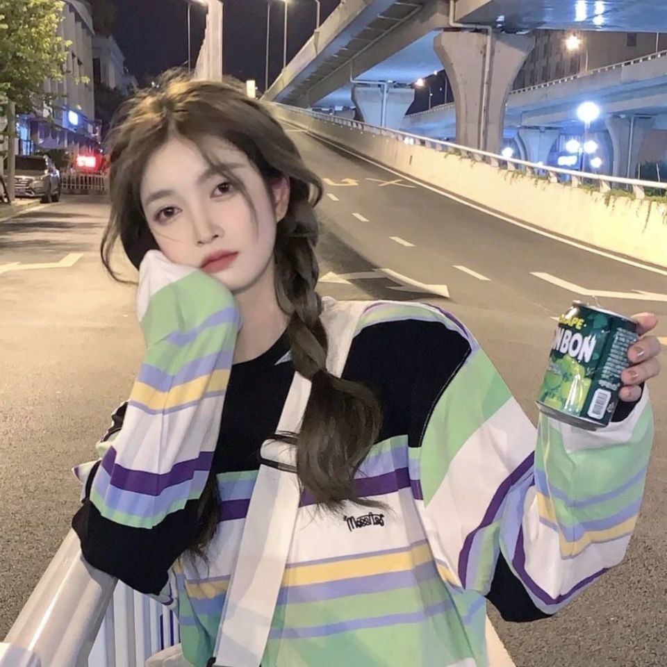 Áo thun dài tay cổ tròn dáng rộng kẻ sọc phong cách hiphop Hàn Quốc thời trang cho nữ
