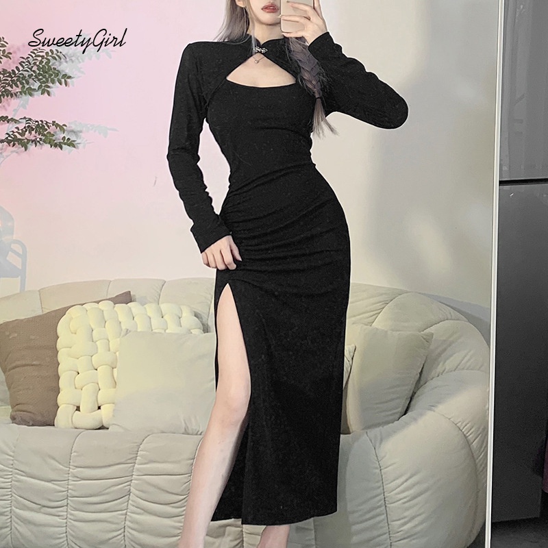 Đầm Maxi Ôm Eo Tay Dài Màu Đen Trơn Quyến Rũ Thời Trang 2022 Cho Nữ